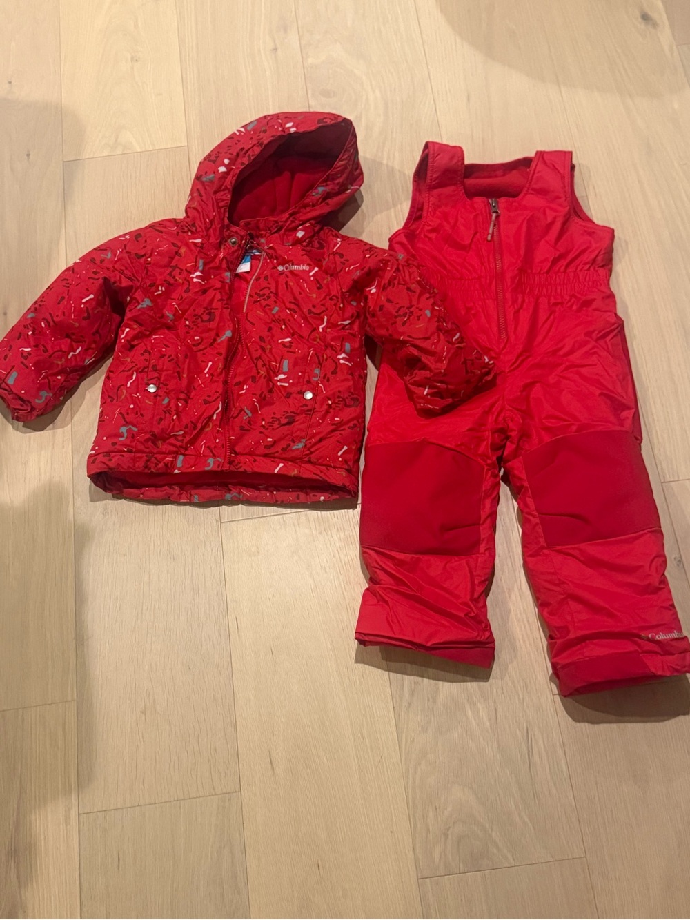 Columbia Red Kids Hooded Jacket with Matching Red Bib Snow Pants